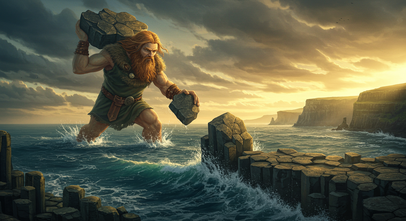Illustration of Finn McCool throwing giant stones into the sea to build the Giant’s Causeway between Ireland and Scotland, with dramatic cliffs and waves in the background.