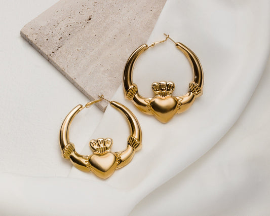 Eirin Apparel Chunky Claddagh Hoop Earrings Chunky Gold-Plated Claddagh Hoop Earrings - 'Sunlight'