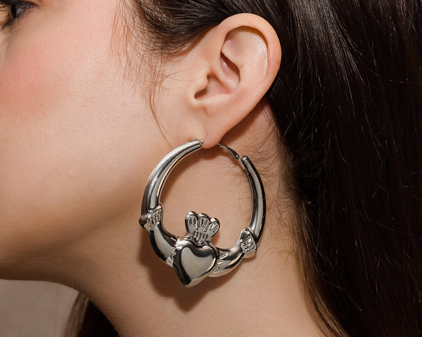 Eirin Apparel Chunky Claddagh Hoop Earrings Chunky Silver-Plated Claddagh Hoop Earrings - 'Moonstone'