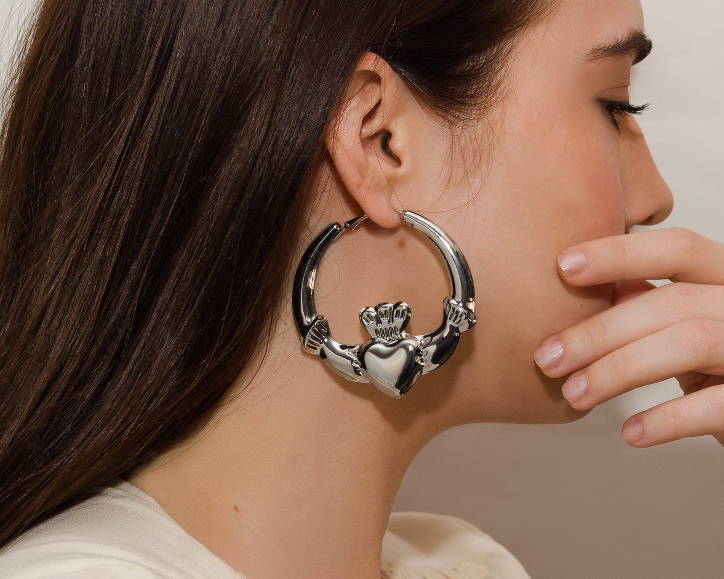 Eirin Apparel Chunky Claddagh Hoop Earrings Chunky Silver-Plated Claddagh Hoop Earrings - 'Moonstone'