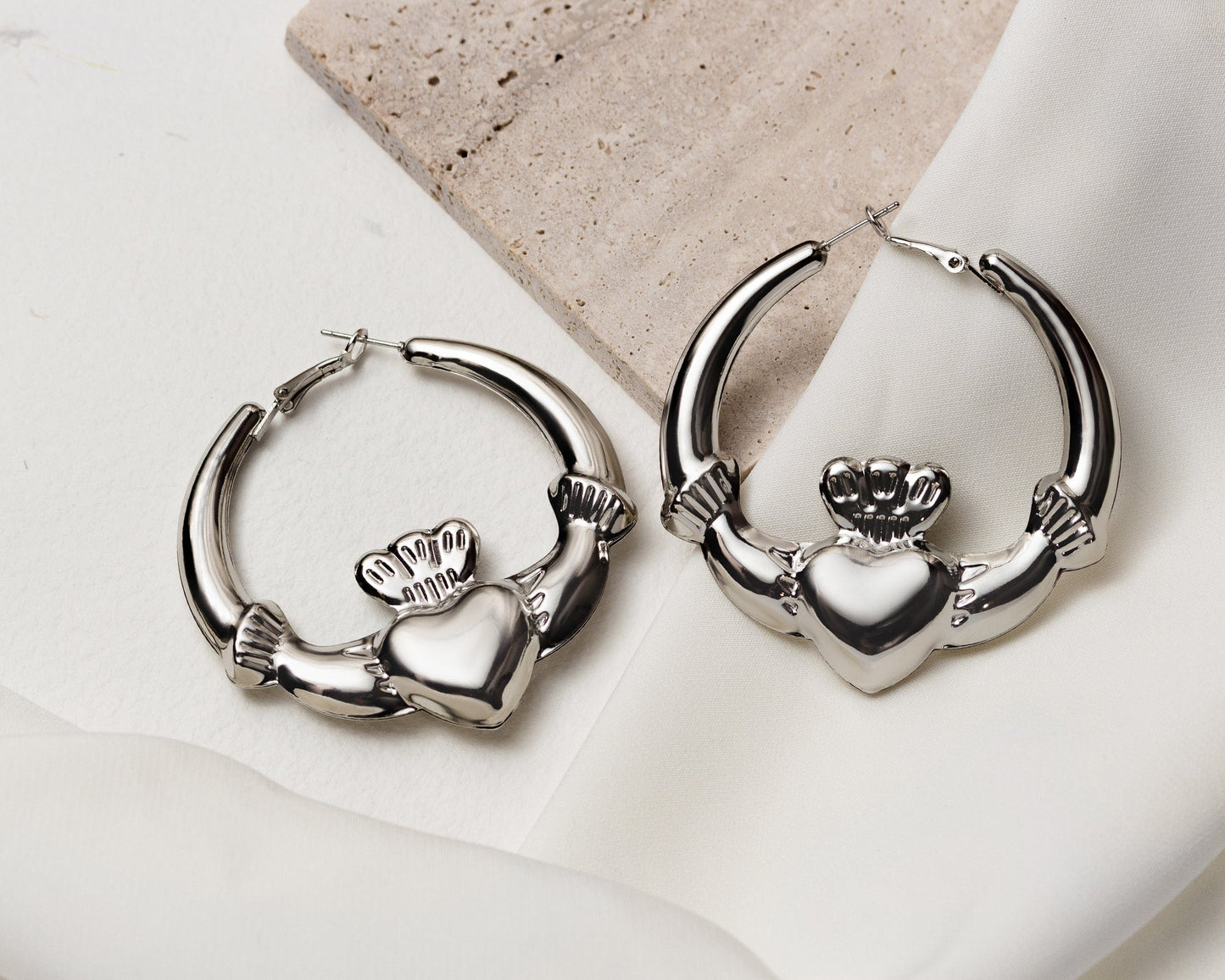 Eirin Apparel Chunky Claddagh Hoop Earrings Chunky Silver-Plated Claddagh Hoop Earrings - 'Moonstone'