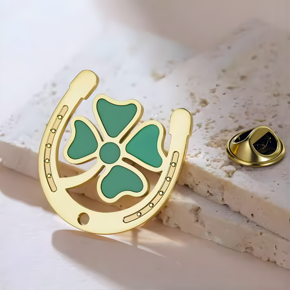Eirin Apparel Single Lapel Pin Brooch Lucky Clover & Horseshoe Lapel Pin Brooch Badge - Collector’s Edition