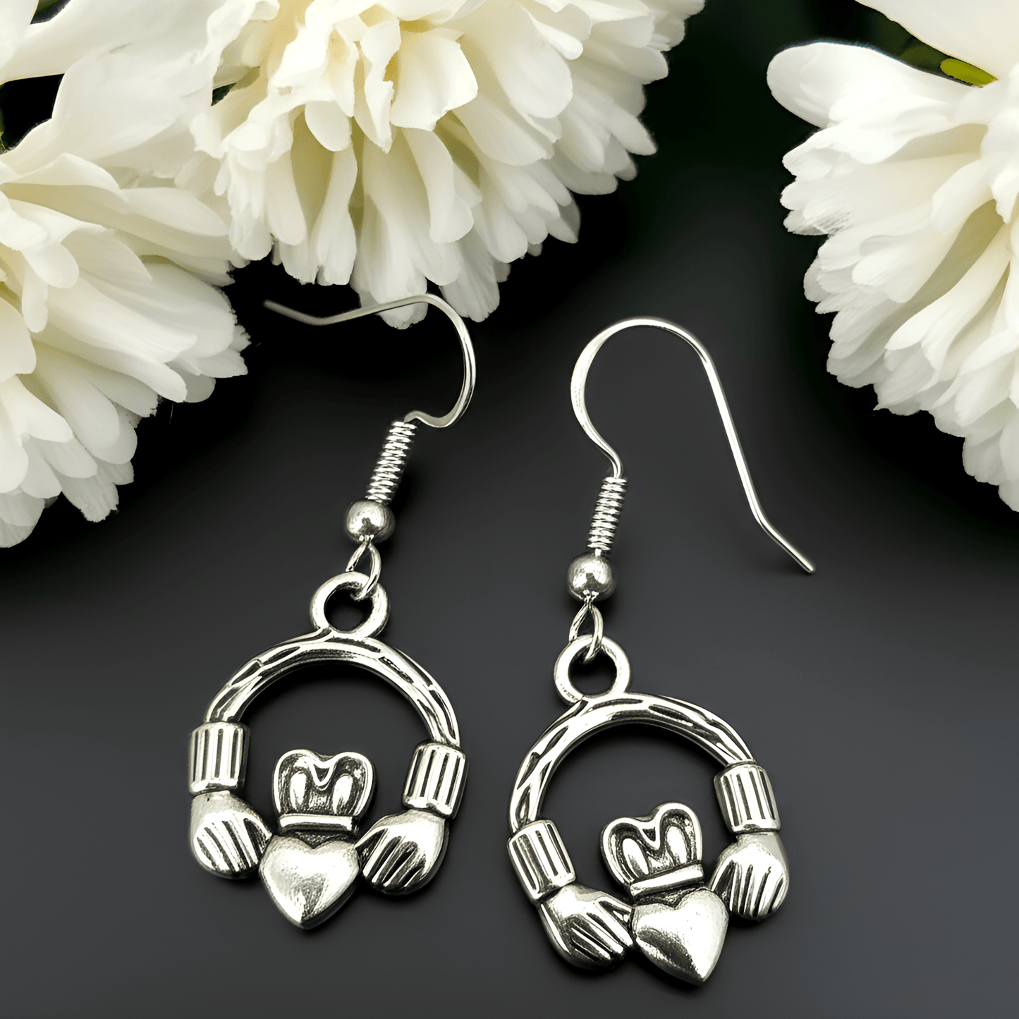 Eirin Apparel Stainless Steel Claddagh Earrings Women's Dainty Claddagh Dangle Stainless Steel Earrings - 'Eternalen'