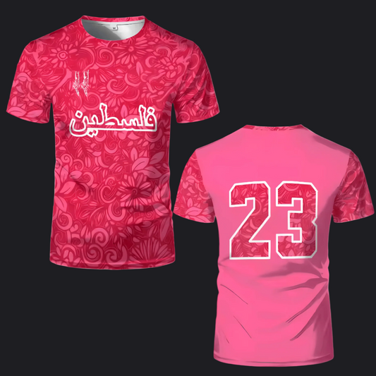 Eirin Apparel Women's T-Shirt Falasteen '23 – Women's Palestine Unity Jersey Pink Bloom