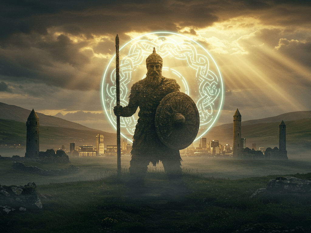 Irish language revival illustrated through Celtic warrior silhouette over green hills and ancient ruins with glowing Celtic knot patterns, symbolizing heritage and modern identity.