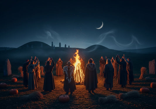 Samhain night ritual showing Druids and figures in robes gathered around a blazing bonfire on an ancient Irish hill, illustrating the Celtic roots of Halloween.