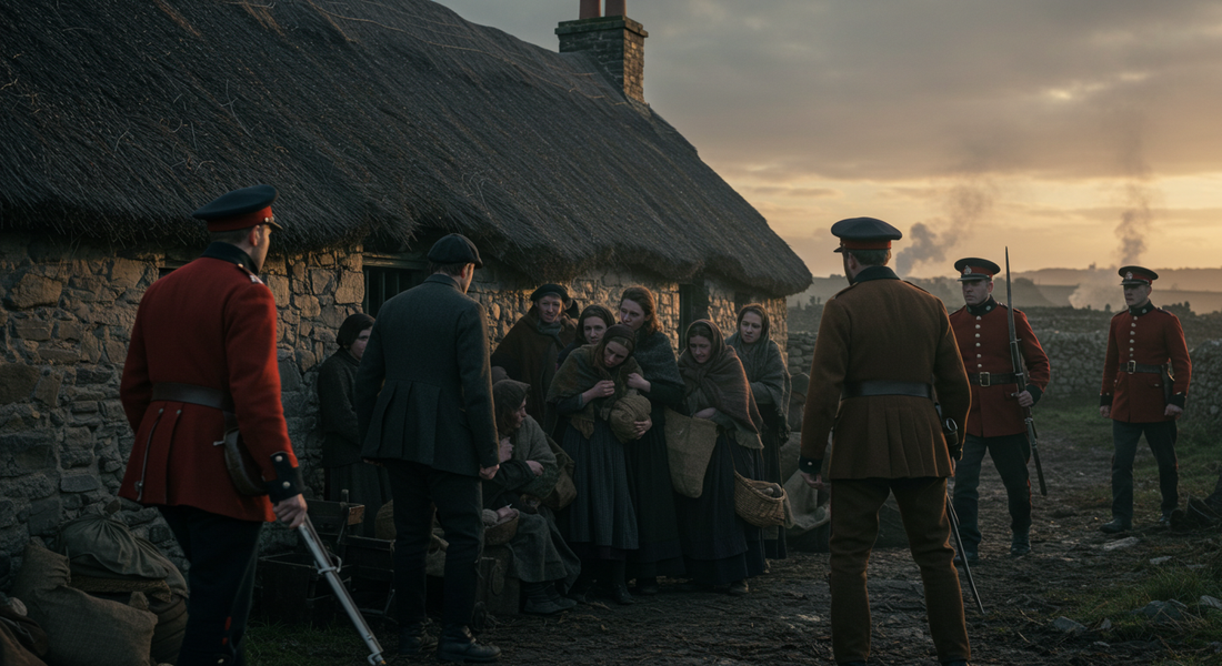 British soldiers evicting an Irish family from a thatched cottage at sunrise during the 1840s Famine, illustrating the cruelty and displacement faced by the Irish under colonial rule.