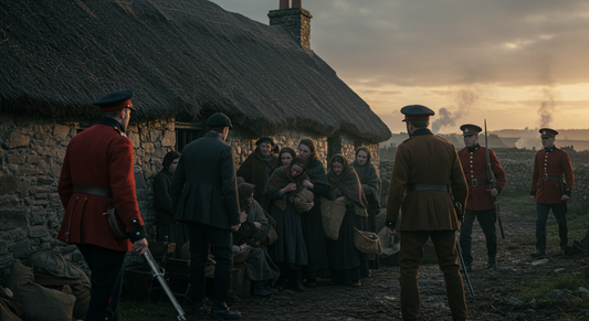 British soldiers evicting an Irish family from a thatched cottage at sunrise during the 1840s Famine, illustrating the cruelty and displacement faced by the Irish under colonial rule.