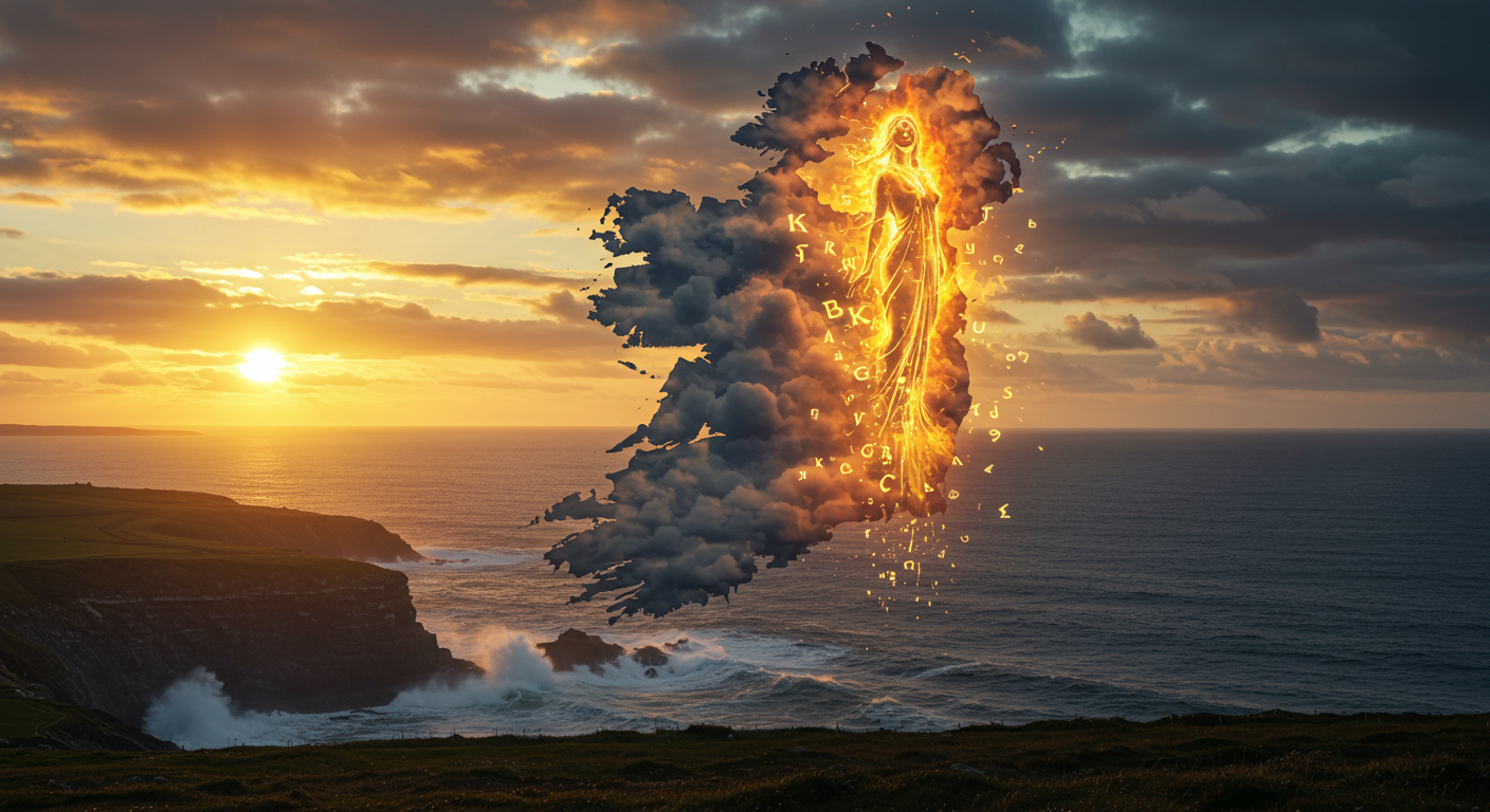 A cinematic image of Ireland reborn — the island’s outline formed by glowing clouds and flame over the Atlantic Ocean at sunrise, symbolizing the rebirth of Irish rebellion, heritage, and identity.