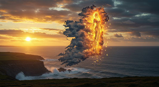 A cinematic image of Ireland reborn — the island’s outline formed by glowing clouds and flame over the Atlantic Ocean at sunrise, symbolizing the rebirth of Irish rebellion, heritage, and identity.