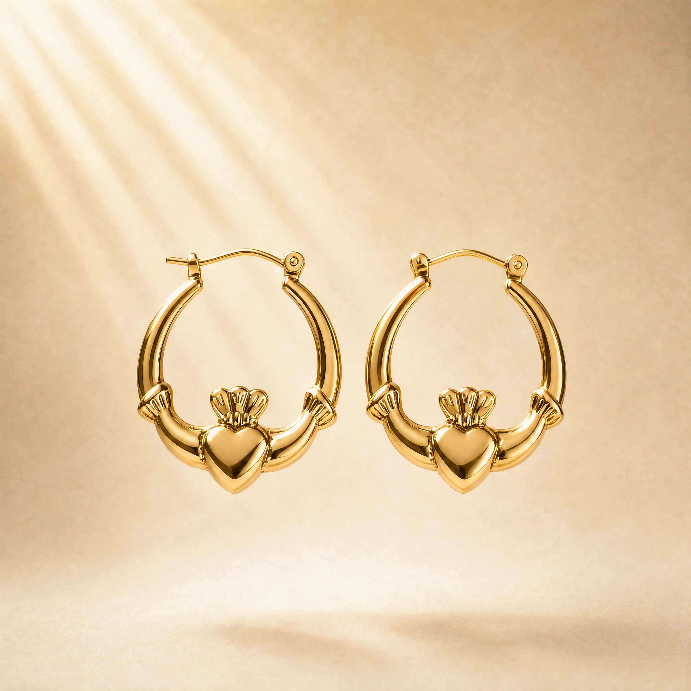 Dainty Gold-Plated Claddagh Hoop Earrings – 'Gríanóg' (Little Sun)