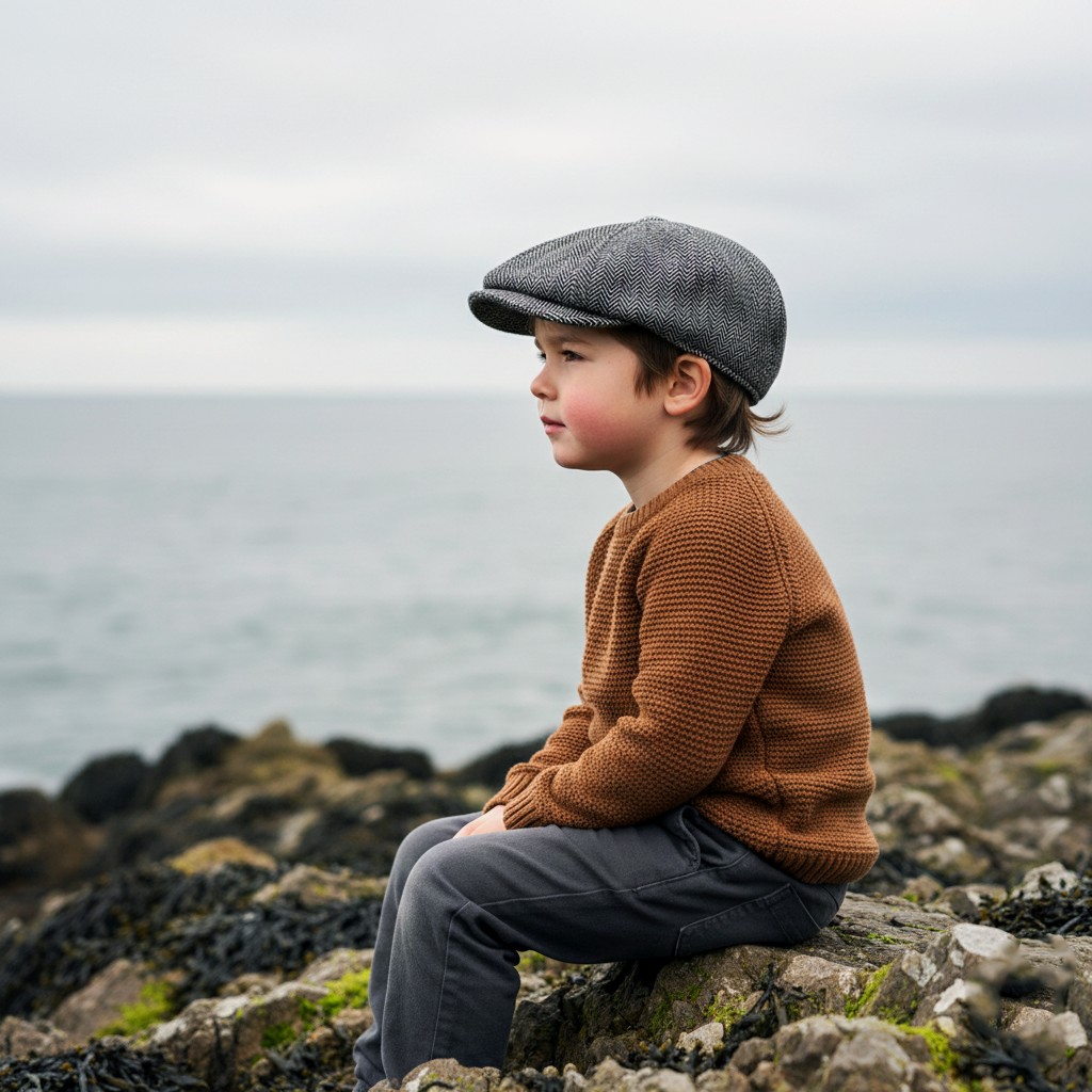 Eirin Apparel Boys Flat Cap 50–52 cm (typically ages 2–4) Boys’ ‘Rí Óg Herringbone’ Irish Flat Cap – Pebble Cotton