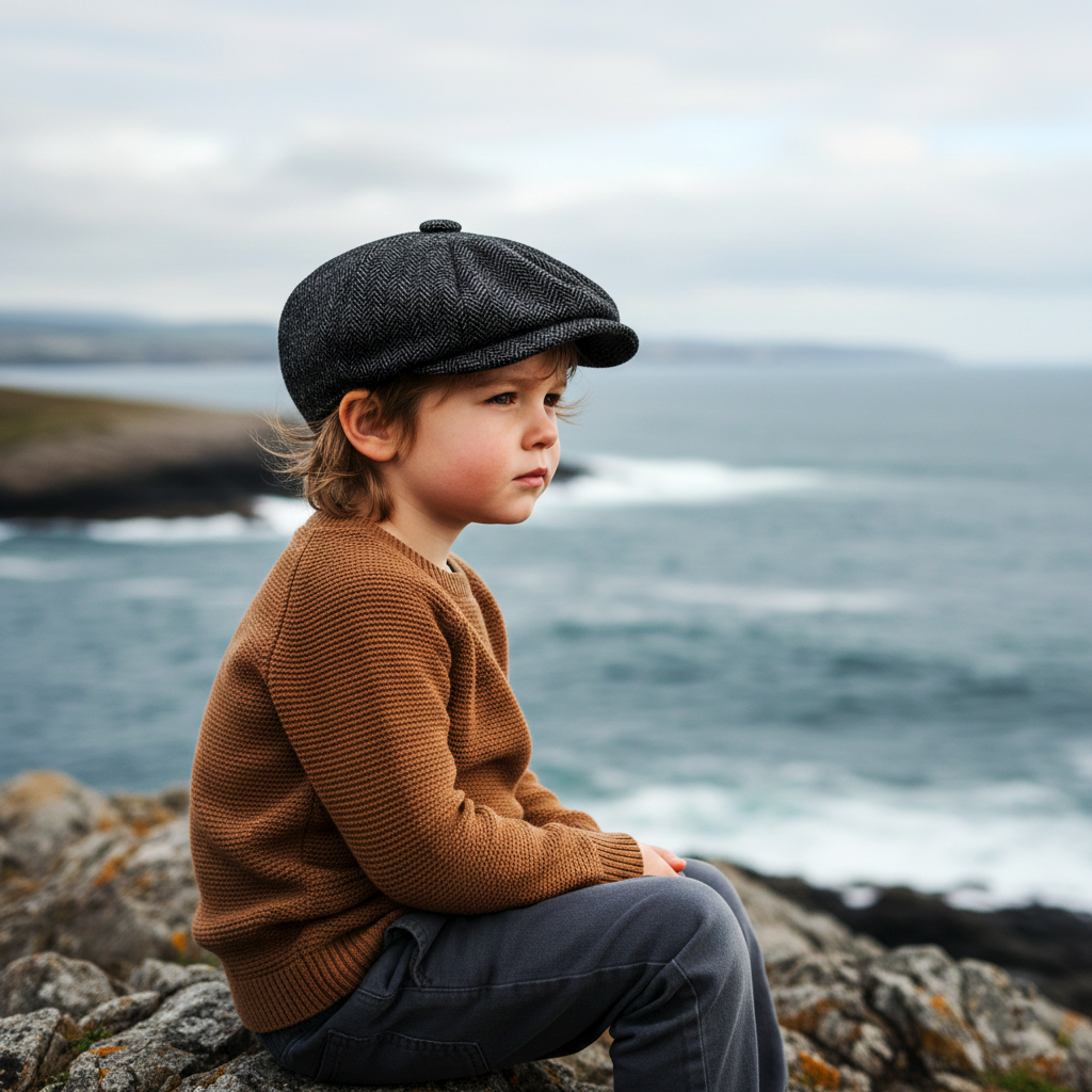 Eirin Apparel Boys Flat Cap 50–52 cm (typically ages 2–4) Boys’ ‘Rí Óg Herringbone’ Irish Flat Cap – Slate Cotton