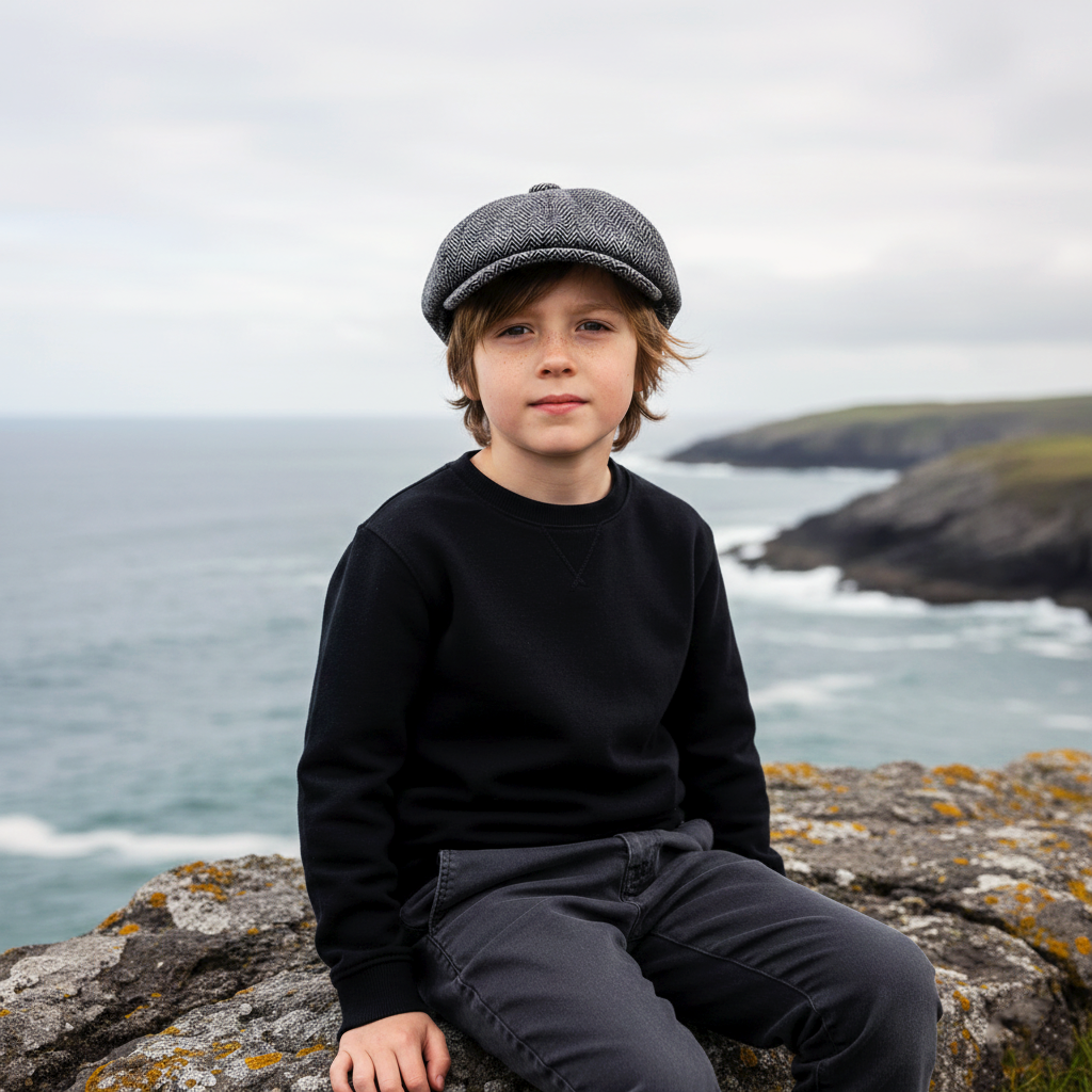 Eirin Apparel Boys Flat Cap 52–54 cm (typically ages 4–8) Boys’ ‘Rí Óg Herringbone’ Irish Flat Cap – Pebble Cotton
