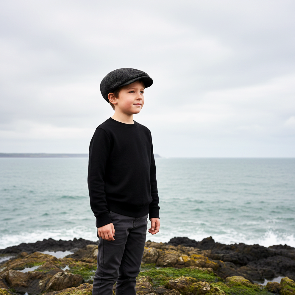 Eirin Apparel Boys Flat Cap 52–54 cm (typically ages 4–8) Boys’ ‘Rí Óg Herringbone’ Irish Flat Cap – Slate Cotton