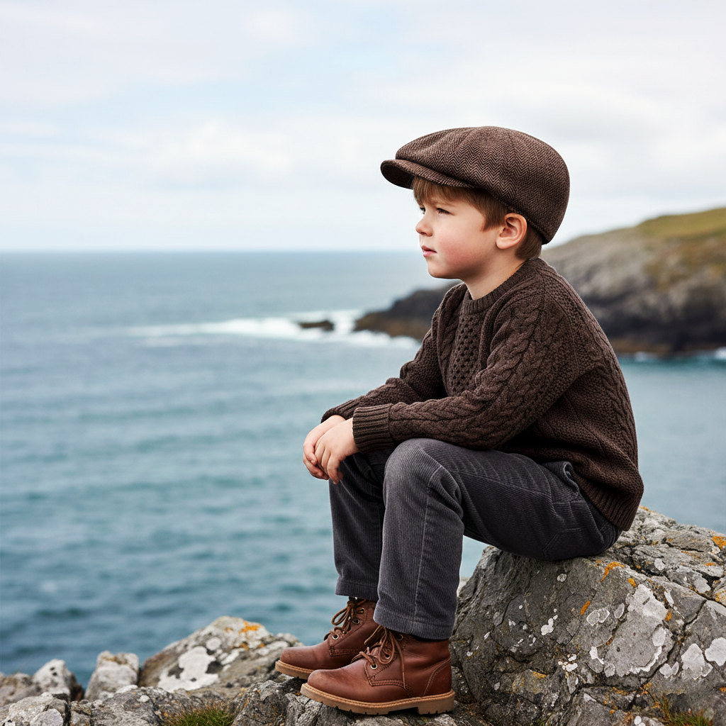 Eirin Apparel Boys Flat Cap Boys’ ‘Rí Óg Herringbone’ Irish Flat Cap – Bracken Cotton