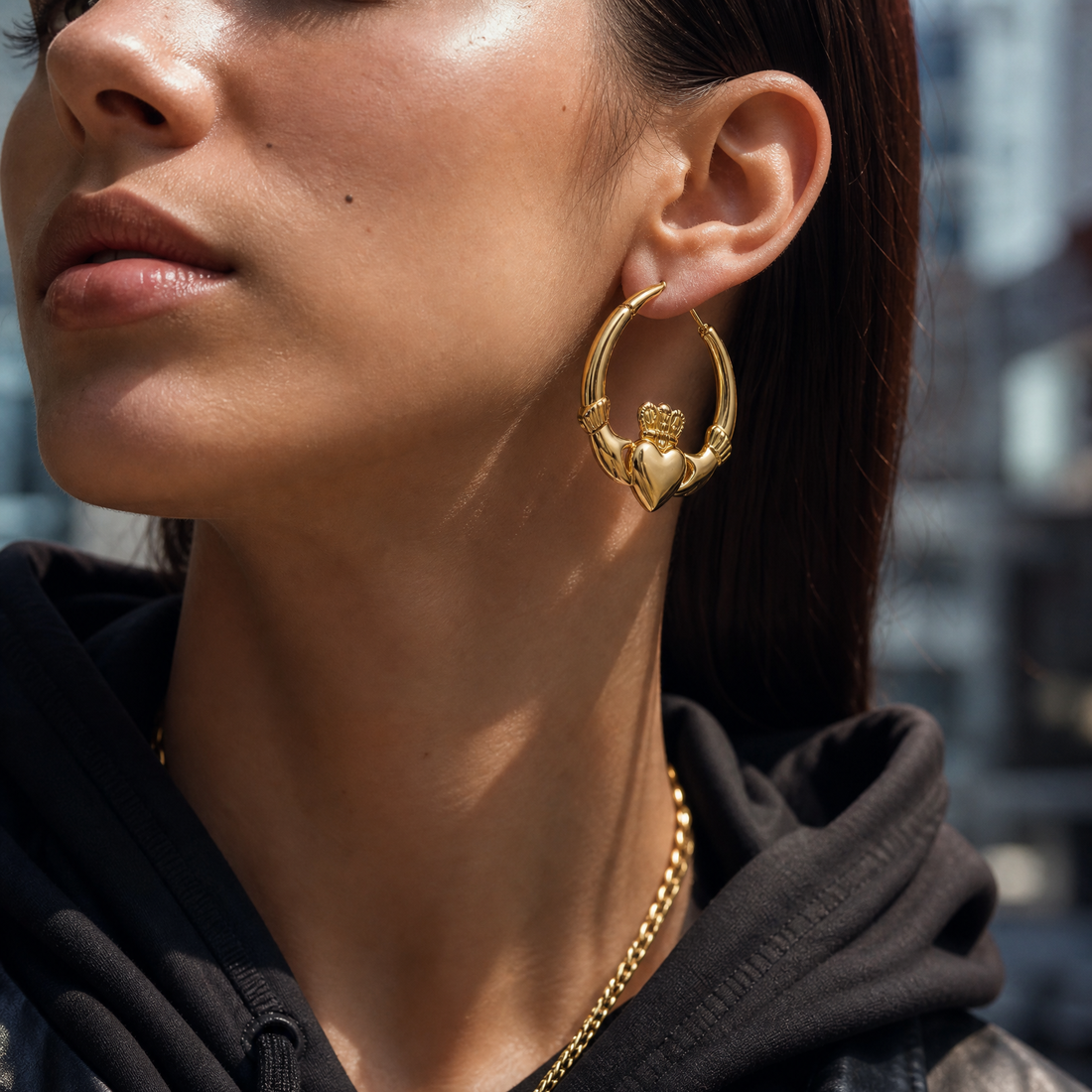 Eirin Apparel Chunky Claddagh Hoop Earrings Chunky Gold-Plated Claddagh Hoop Earrings – 'Soláis' (Sunlight)