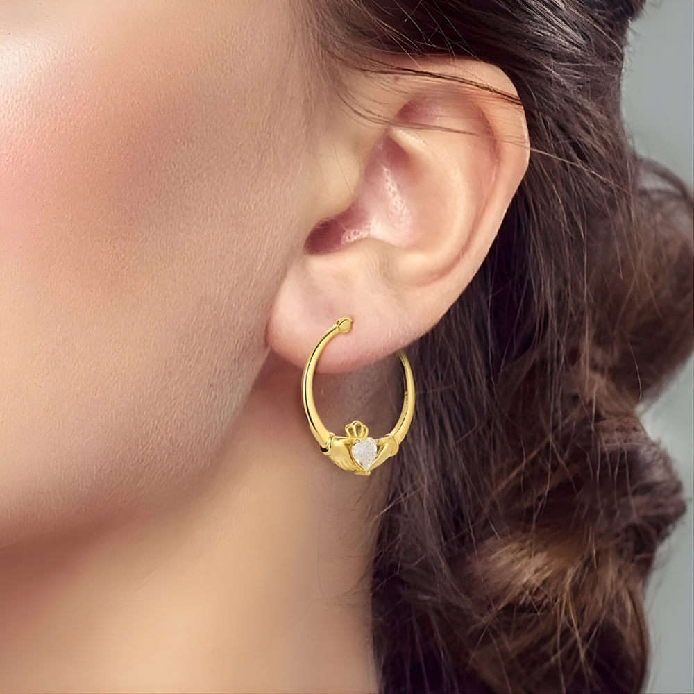 Eirin Apparel Chunky Claddagh Hoop Earrings Gold-Plated Sterling Silver Claddagh Earrings - ‘Croi Óir’ (Golden Heart)
