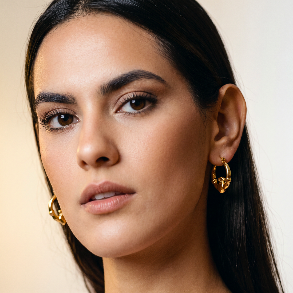 Eirin Apparel Claddagh Earrings Dainty Gold-Plated Claddagh Hoop Earrings – 'Gríanóg' (Little Sun)