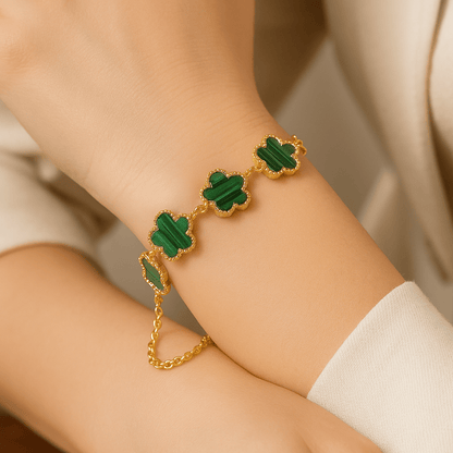 Eirin Apparel Clover Charm Bracelet Emerald Malachite / Gold Tone Lúireach Clover Charm Bracelet
