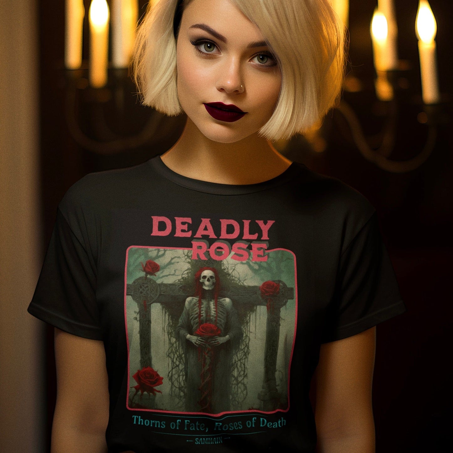 eirin. Apparel irish-streetwear Women's Irish Halloween Tee - Deadly Irish Rose, Thorns Of Fate, Samhain Festival T-Shirt