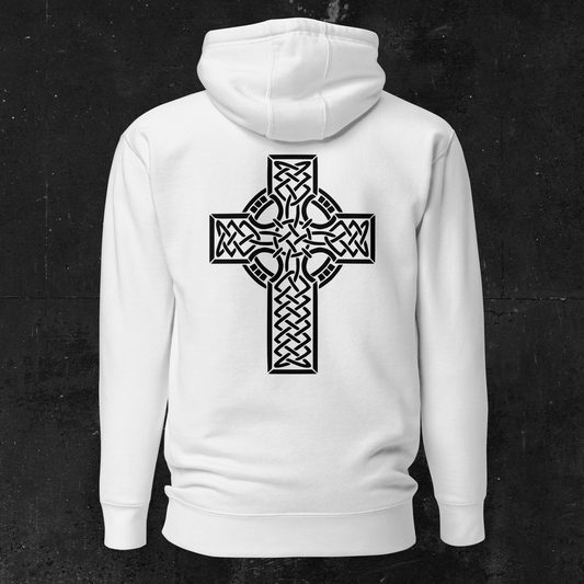 Eirin Apparel Men's Hoodie Men's Celtic Cross (Back Print) Embroidered White Hoodie