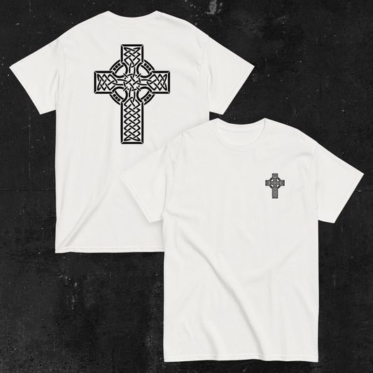 Eirin Apparel Men's T-Shirt Men's Celtic Cross (Back Print) Embroidered White T-Shirt