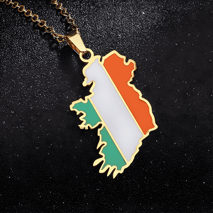 Eirin Apparel Necklace Gold Map of Ireland Tricolour Necklace – ‘Bratach na hÉireann’ (Flag of Ireland)