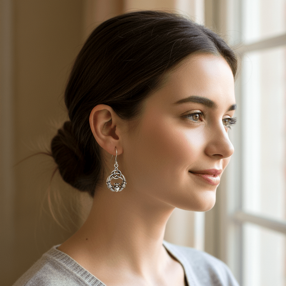 Eirin Apparel Stainless Steel Claddagh Earrings Dainty Silver Claddagh Earrings - 'Draíocht' (Enchantment)