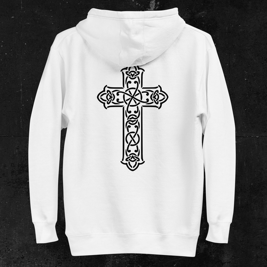 Eirin Apparel Women's Hoodie Women's Celtic Cross (Back Print) Embroidered White Hoodie
