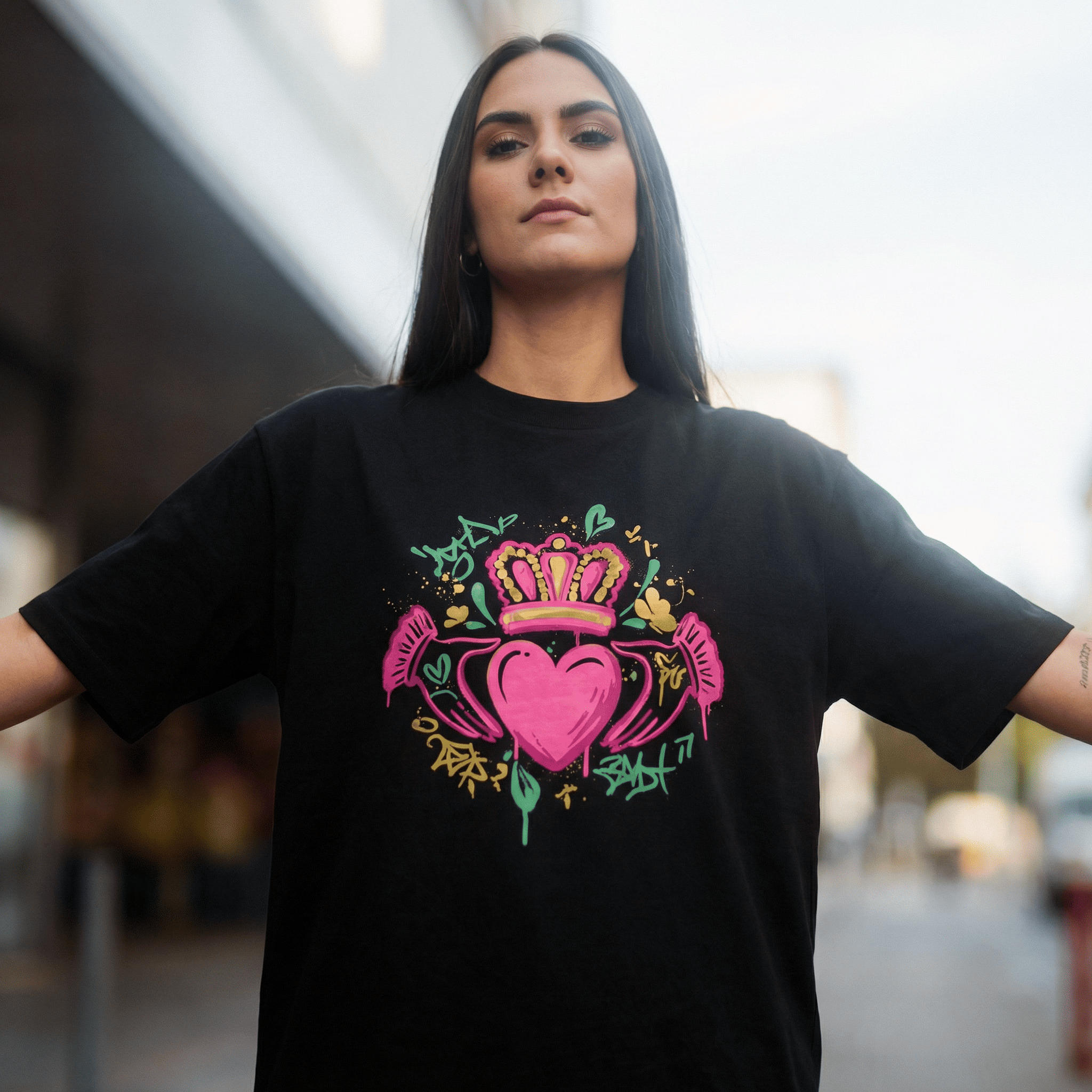 Eirin Apparel Women's Oversized T-Shirt Black / S Women's 'Bad Grá' Claddagh Graffiti Oversized T-Shirt
