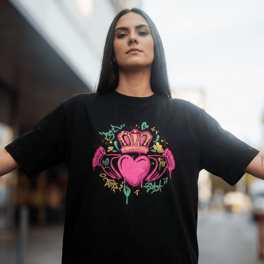 Eirin Apparel Women's Oversized T-Shirt Black / S Women's 'Bad Grá' Claddagh Graffiti Oversized T-Shirt