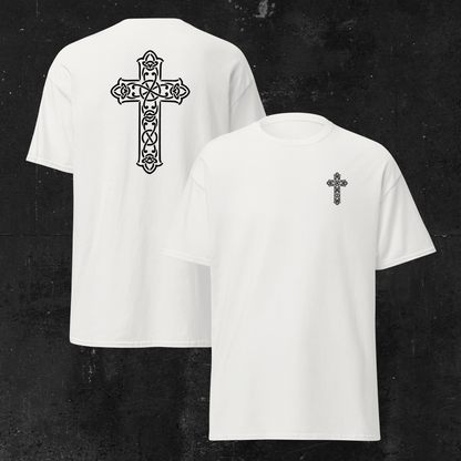 Eirin Apparel Women's T-Shirt Women's Celtic Cross (Back Print) Embroidered White T-Shirt