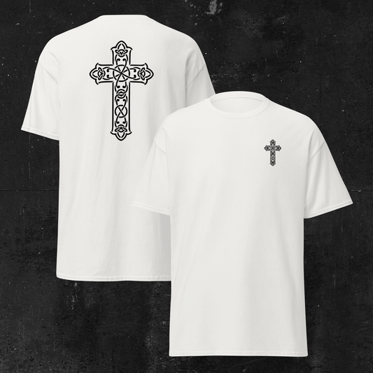 Eirin Apparel Women's T-Shirt Women's Celtic Cross (Back Print) Embroidered White T-Shirt