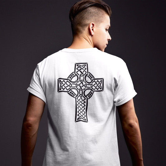 eirin. irish-streetwear Men's Celtic Cross (Back Print) Embroidered White T-Shirt