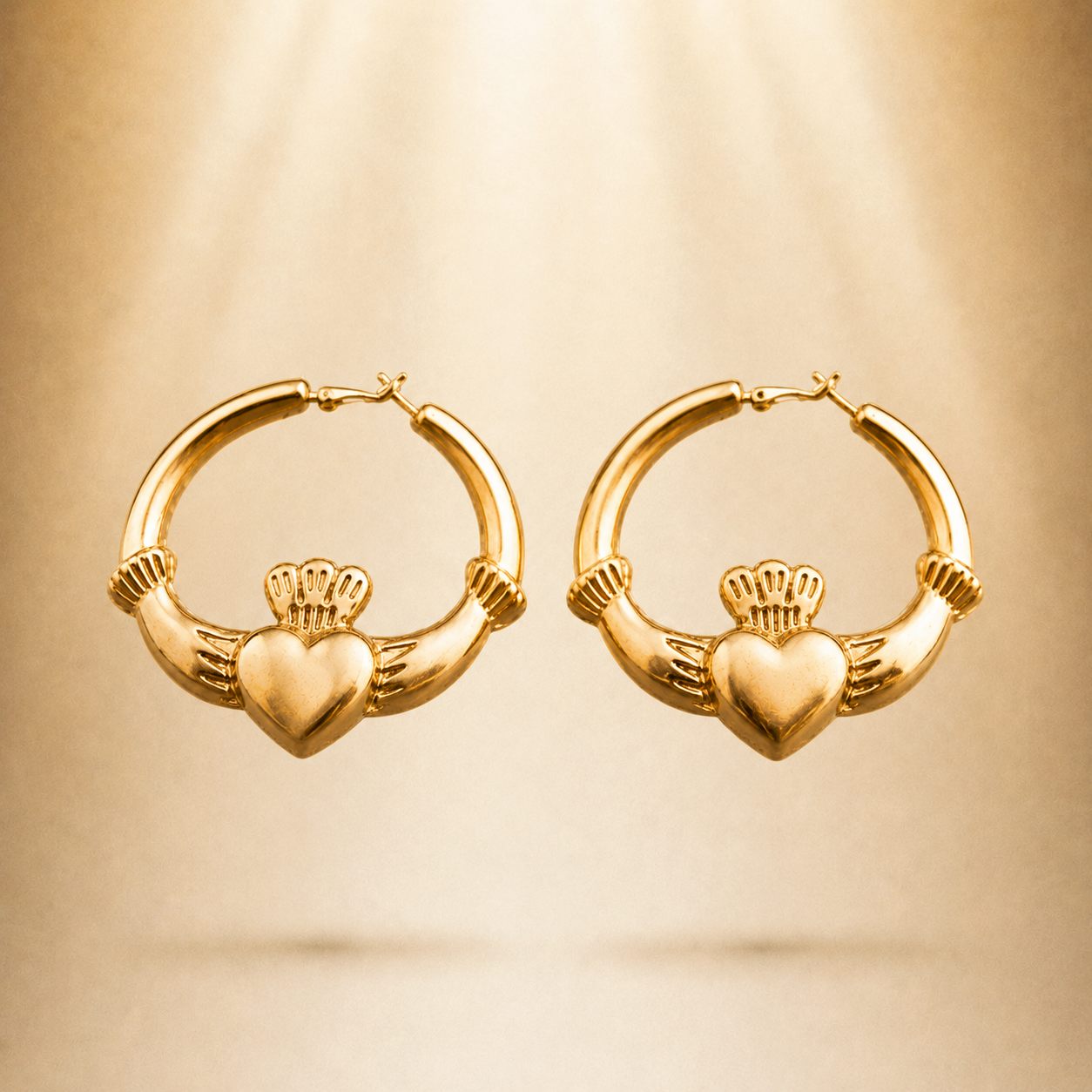 Chunky Gold-Plated Claddagh Hoop Earrings – 'Soláis' (Sunlight)
