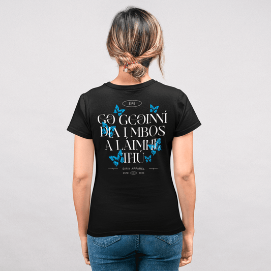 Women's 'May God Hold You In The Palm Of His Hand' Gaeilge SoftStyle Black T-Shirt